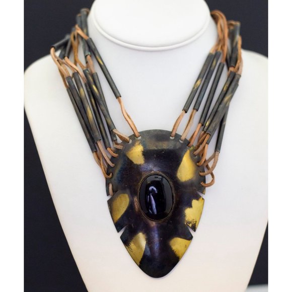 Huge Vintage Boho Black and Gold Necklace 20 inch, G38 - Picture 2 of 3